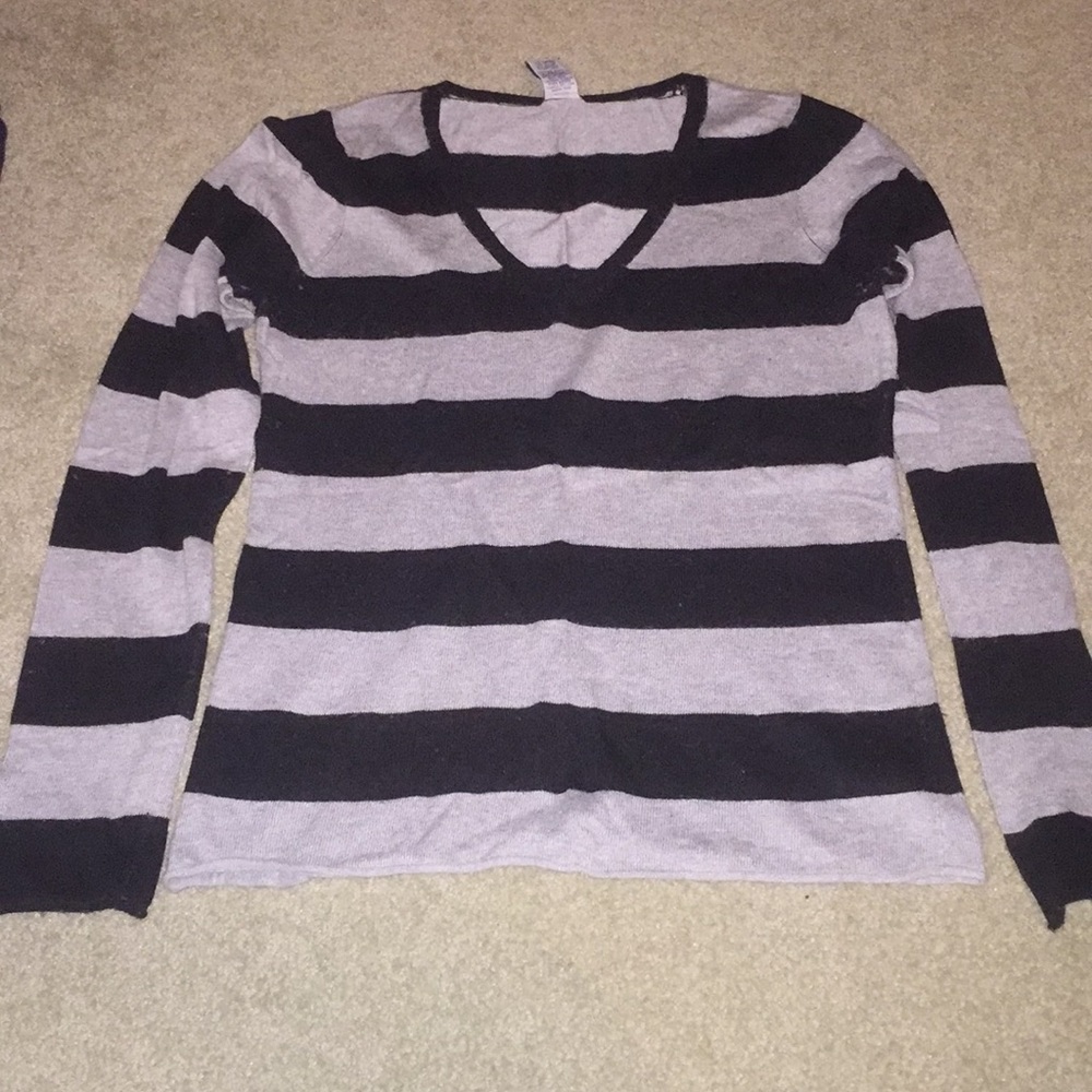 Gap Gray and Black Striped V-Neck Sweater